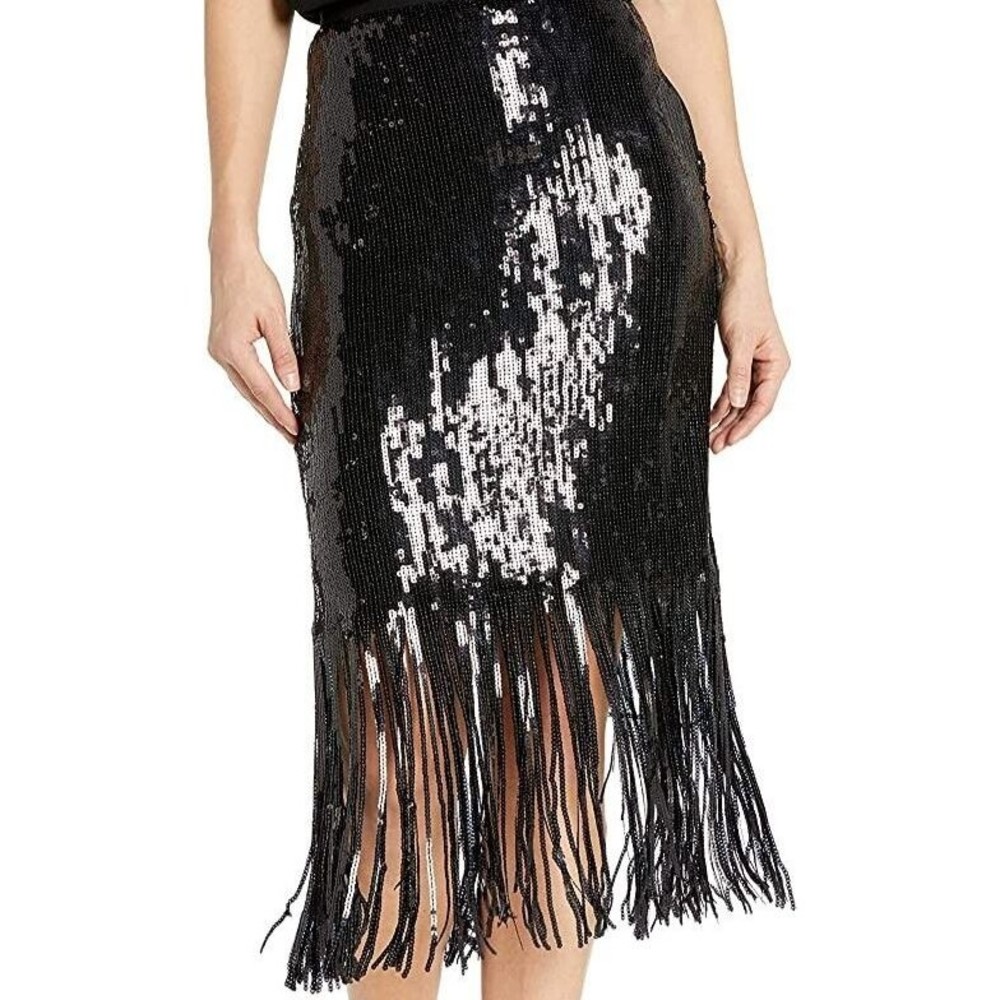 Designer Vince Camuto Black Sequin Midi Length Fringe Fully Lined Evening Skirt - Picture 3 of 11